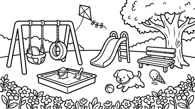 Childrens playground with swing slide sandbox dog kite and ice cream