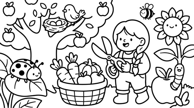 Cute cartoon girl with scissors and basket of vegetables and fruits