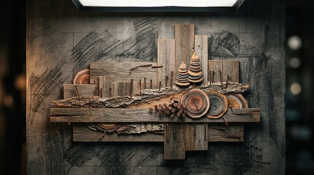 Conceptual mixed-media collage of reclaimed barnwood planks, rusted cut nails, bark strips, and layered paper tree rings arranged like a weathered elevation study. Add charcoal frottage textures