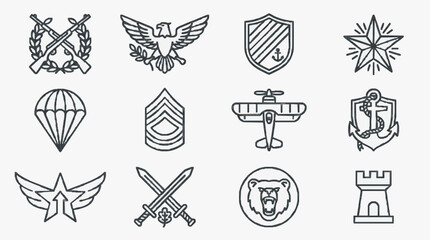 Dynamic Black and White Military and Paramilitary Symbols Collection for Design Projects with high quality professional line art symbols for modern creative design and digital branding projects © Eri