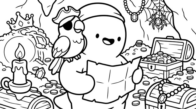 Cute cartoon character with parrot reading treasure map in cave full of gold coins and jewels