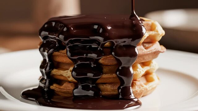 Chocolate Syrup Pouring Over Stack of Golden Waffles on White Plate