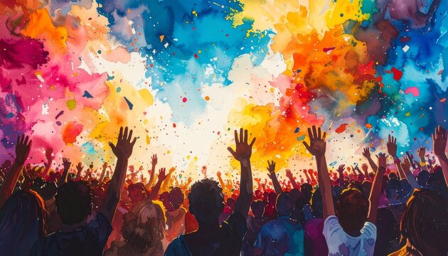Abstract watercolor image of a joyous crowd with arms raised under a burst of vibrant color