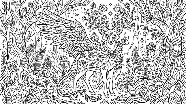 Whimsical winged deer with antlers adorned with flowers in a magical forest