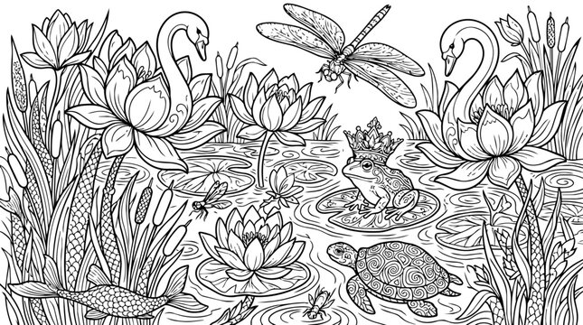 Fantasy pond scene with frog king swans dragonflies and turtle