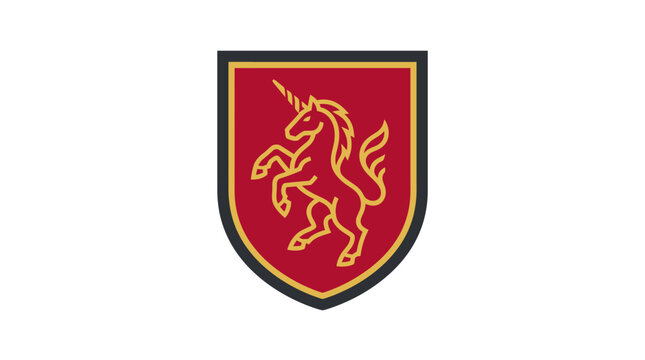 Heraldic shield featuring a golden unicorn emblem on a red background.