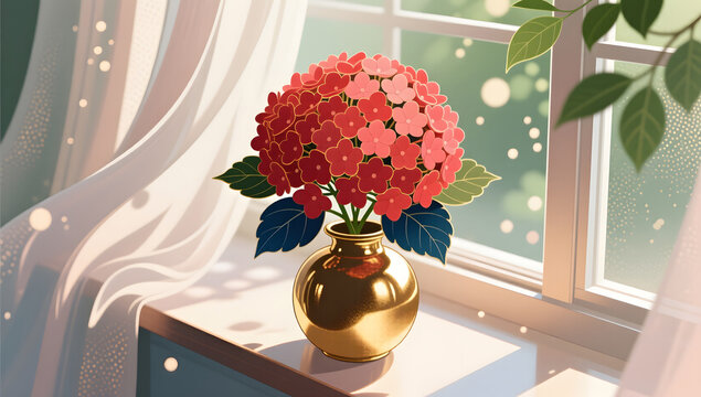 hydrangea window vase floral lifestyle illustration background