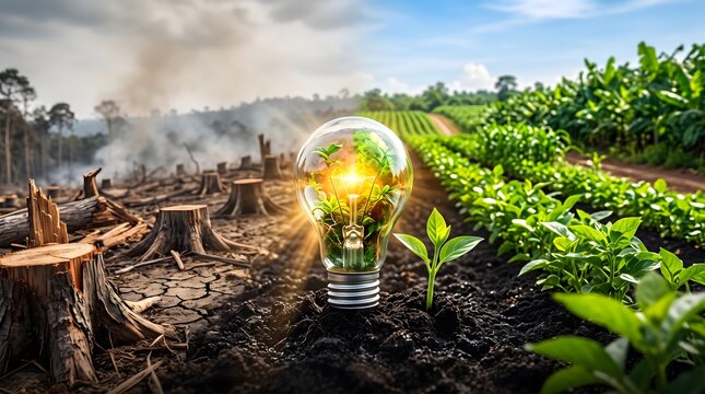 Bright sunbeam shining through lightbulb in dark soil showing deforested stumps verses green field,global warming,drought,nature,ecology,sustainability,future environmental restoration media slide