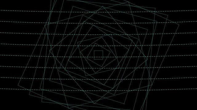 Abstract geometric tunnel of rotating squares and dashed lines motion animation 4k background
