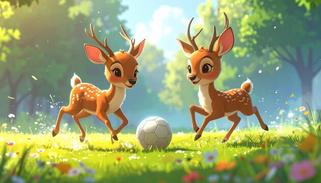 Two cartoon deer playing soccer outdoors.
