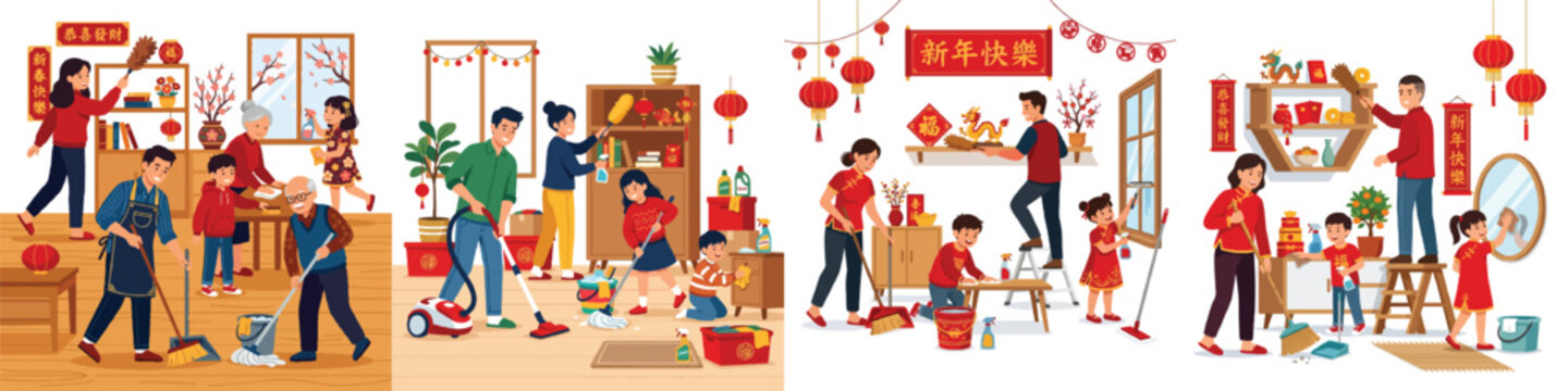A full-body flat design illustration of a family doing spring cleaning before Lunar New Year. Modern semi-realistic style, minimalist, no outlines, vibrant red and gold accents, solid white background