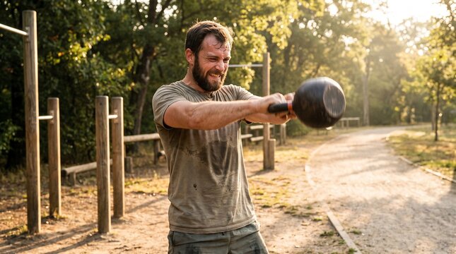 A bearded man performing a kettlebell swing outdoors in a park. He is wearing a t-shirt and appears to be straining with effort, with sweat visible on his shirt and face.