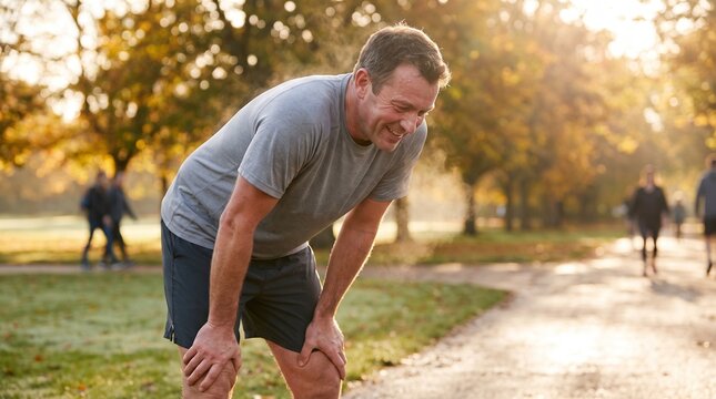 A middle-aged man is bending over, touching his knees, catching his breath during a run in an autumn park. Sunlight streams through the trees, casting a warm glow on the scene