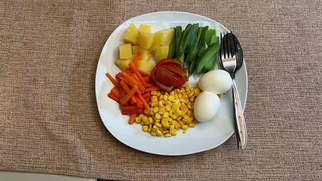 Mixed vegetable steam salad food with chicken egg. Filmed by arc vertical camera movement shot on handheld.