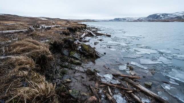 Ground-level view of a retreating lakeshore with slumping peat, floating ice fragments, driftwood, and wind-swept grasses beneath a pale sky, showing climate-driven erosion and open water expansion.