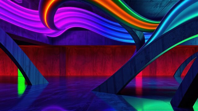 Abstract interior. Vivid neon lights create flowing shapes, contrasting dark walls. Modern design, futuristic ambiance. Dramatic illumination.