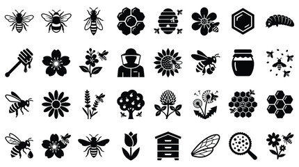 Large collection of black and white beekeeping and honey bee icons featuring honeycombs, hives, flowers, beekeepers, and various bee species in a flat minimalist vector silhouette style. © Saida Nahdhoh