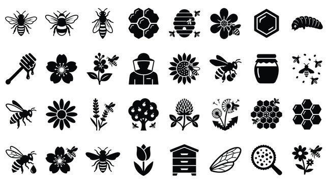 Large collection of black and white beekeeping and honey bee icons featuring honeycombs, hives, flowers, beekeepers, and various bee species in a flat minimalist vector silhouette style.