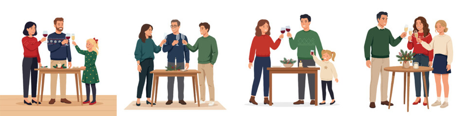 Obraz premium A full body minimalist flat design showing three family members standing and raising their glasses for a Christmas toast around a simple table. no outlines, white background