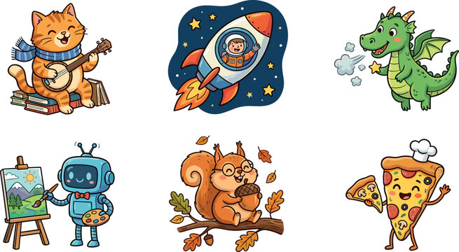 Cute cartoon characters sticker set featuring musical cat rocket monkey dragon artist robot squirrel and pizza chef isolated on white background vector illustration