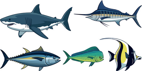 Fototapeta premium Set of marine ocean fish including great white shark marlin yellowfin tuna mahi mahi and moorish idol isolated on white background vector illustration