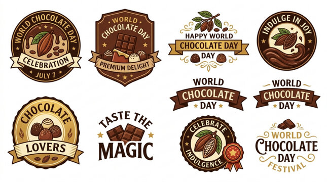 World chocolate day celebration badges and labels with chocolate treats