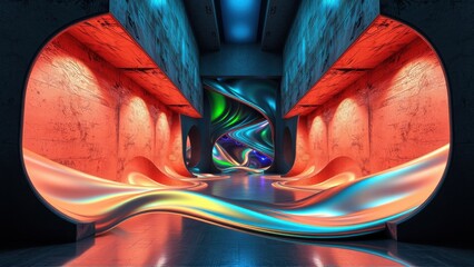 Fototapeta premium Abstract tunnel, vibrant colors, futuristic design. Smooth curves, dramatic lighting, concrete textures create immersive space.