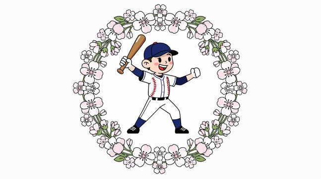 cartoon baseball player with bat and flower wreath