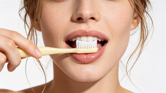 Close up of beautiful woman brushing her teeth with toothbrush, perfect white smile, daily oral hygiene routine, dental care concept