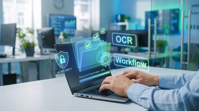 Person working on laptop with ai security and ocr workflow graphics