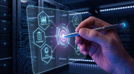 Obraz premium Business strategy and data analysis concept with hand holding pen