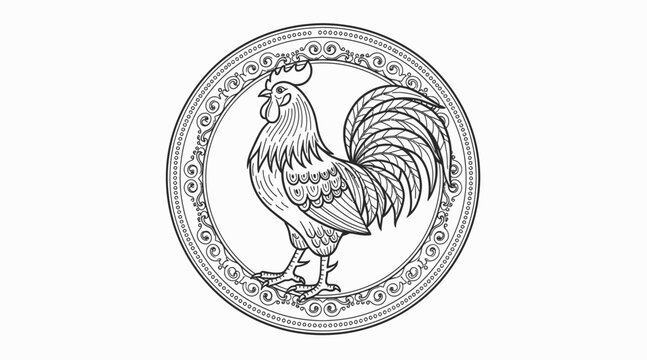 black and white illustration of rooster in circle