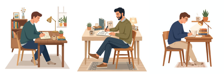 Fototapeta premium A flat design illustration of a man writing a love letter or journal entry at a cozy desk. Minimalist modern semi-realistic style, full body, no outline, solid white background.