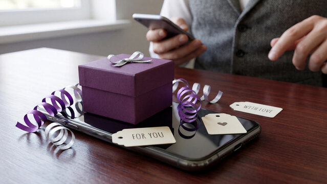 Elegant purple square gift box featuring a shiny silver ribbon bow resting on a sleek black smartphone surface alongside small paper tags with romantic messages during a festive holiday celebration
