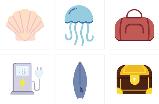 Travel Icon Set with Suitcase Camera Car Beach Umbrella Sun and Summer Vacation Symbols Flat Vector Illustration for Tourism Business Web Design