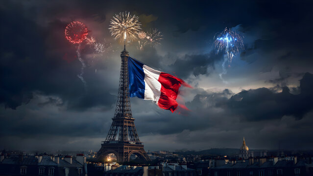 French flag fireworks over city skyline at night
