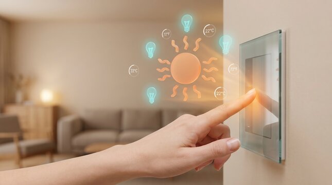 Smart home automation interface controlling lighting and temperature systems with a finger touch on a modern glass wall panel in a cozy residential living room setting for efficient energy management
