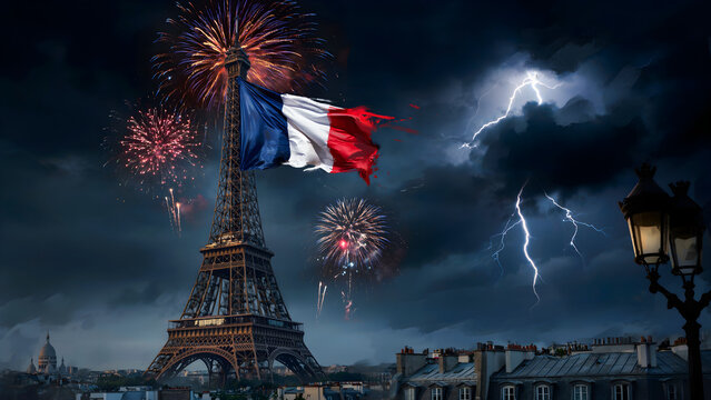 Fireworks over eiffel tower at night