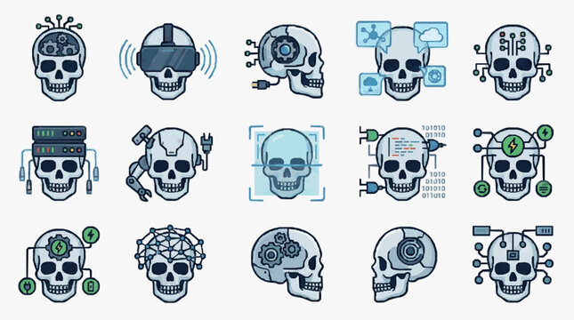 Clean of Skulls with Modern Tech and Digital Concepts in Blue Gray and Green with high quality professional line art symbols for modern creative design and digital branding projects