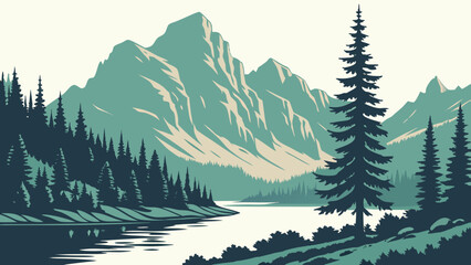 Fototapeta premium Scenic Mountain Lake Flat Vector Landscape