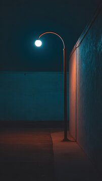 A single lamp post illuminates a dark alleyway at night.