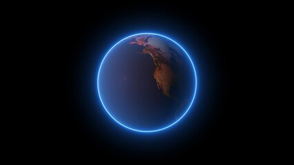 Fototapeta premium A detailed 3D rendering of planet Earth with continents visible in warm orange and brown tones, encircled by a vibrant, glowing neon blue ring against a deep black void, suggesting a futuristic or