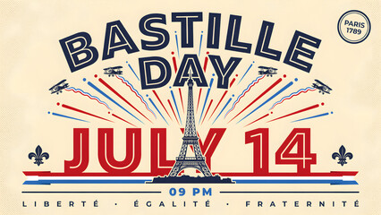 Bastille day celebration poster with july 14 date
