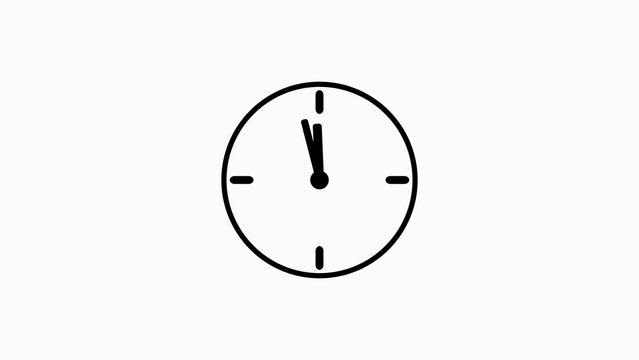 A minimalist black outline of a clock face showing the time as approximately 11:58, with the hour and minute hands very close to the 12 o'clock position on a white background. Keywords: clock