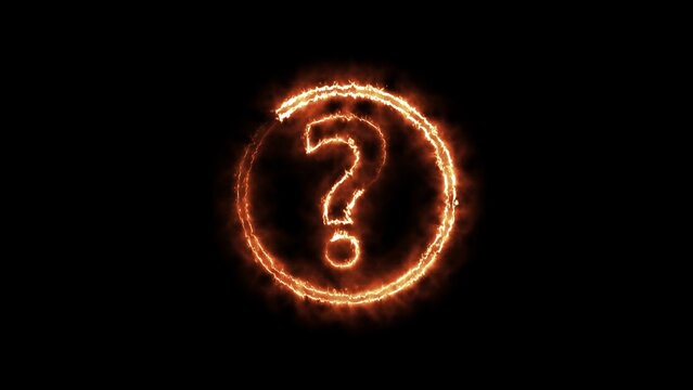 A fiery orange question mark symbol within a circular frame emits a warm glow and flickering flames against a deep black background, symbolizing a burning question or intense curiosity
