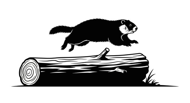 Minimalist silhouette of a jumping groundhog leaping in the air isolated on white background