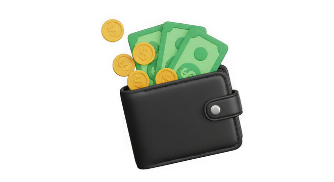 Black leather wallet with green paper money and gold coins, 3d financial icon for banking and savings, personal finance and wealth management concept