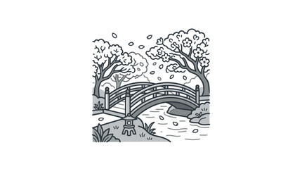 Fototapeta premium Clean Minimalist Black and White Line Drawing of a Serene Bridge Over a Calm Pond Surrounded by Cherry Blossom Trees