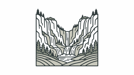 Obraz premium Clean Minimalist Black and White Mountain Landscape with Waterfall and Forest with high quality professional line art symbols for modern creative design and digital branding projects