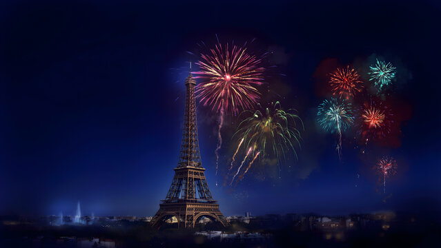 City skyline with fireworks display at night